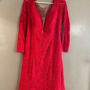 Ellie wood by mon cheri. red lace dress with embellished back.
